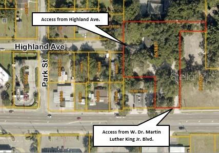 This is an aerial map showing a property lot with access points from two different streets — 453 W DR MARTIN LUTHER KING JR BOULEVARD, SEFFNER, FL