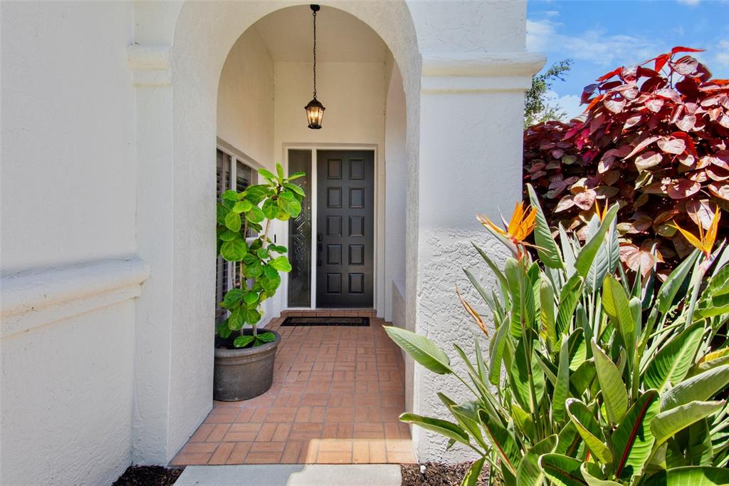 An arched entryway leads to a dark front door with a potted plant and landscaping — 3761 AMAPOLA LANE, SARASOTA, FL