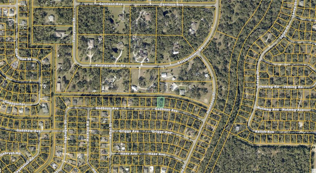 This is an aerial map showing a vacant lot highlighted in green along a residential street — 0 GADBOYS AVENUE, NORTH PORT, FL