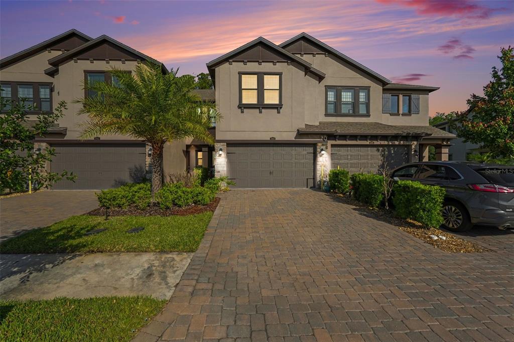 A two-story townhouse with a paved driveway, a two-car garage, and a palm tree — 5054 SAN MARTINO DRIVE, WESLEY CHAPEL, FL