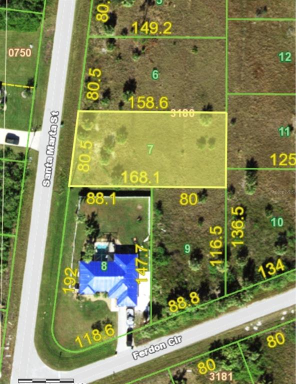 This is a map showing a vacant residential lot highlighted in yellow among neighboring properties — 302 SANTA MARTA STREET, PORT CHARLOTTE, FL