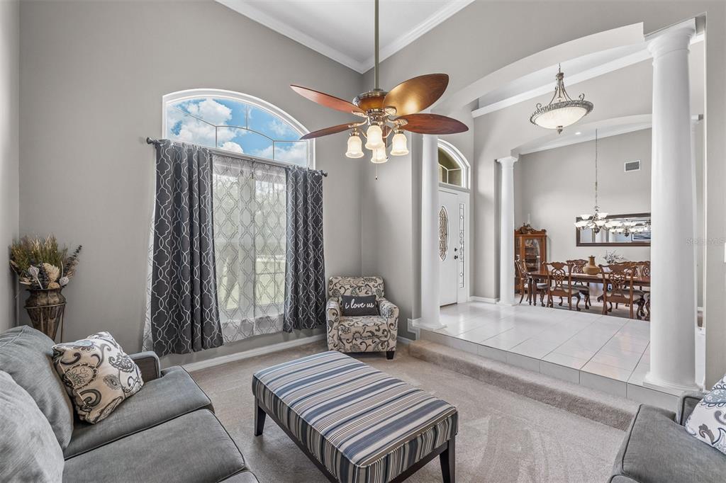 A living room with carpeted floors, a ceiling fan, and an adjacent raised dining area — 8627 BOW COURT, ORLANDO, FL