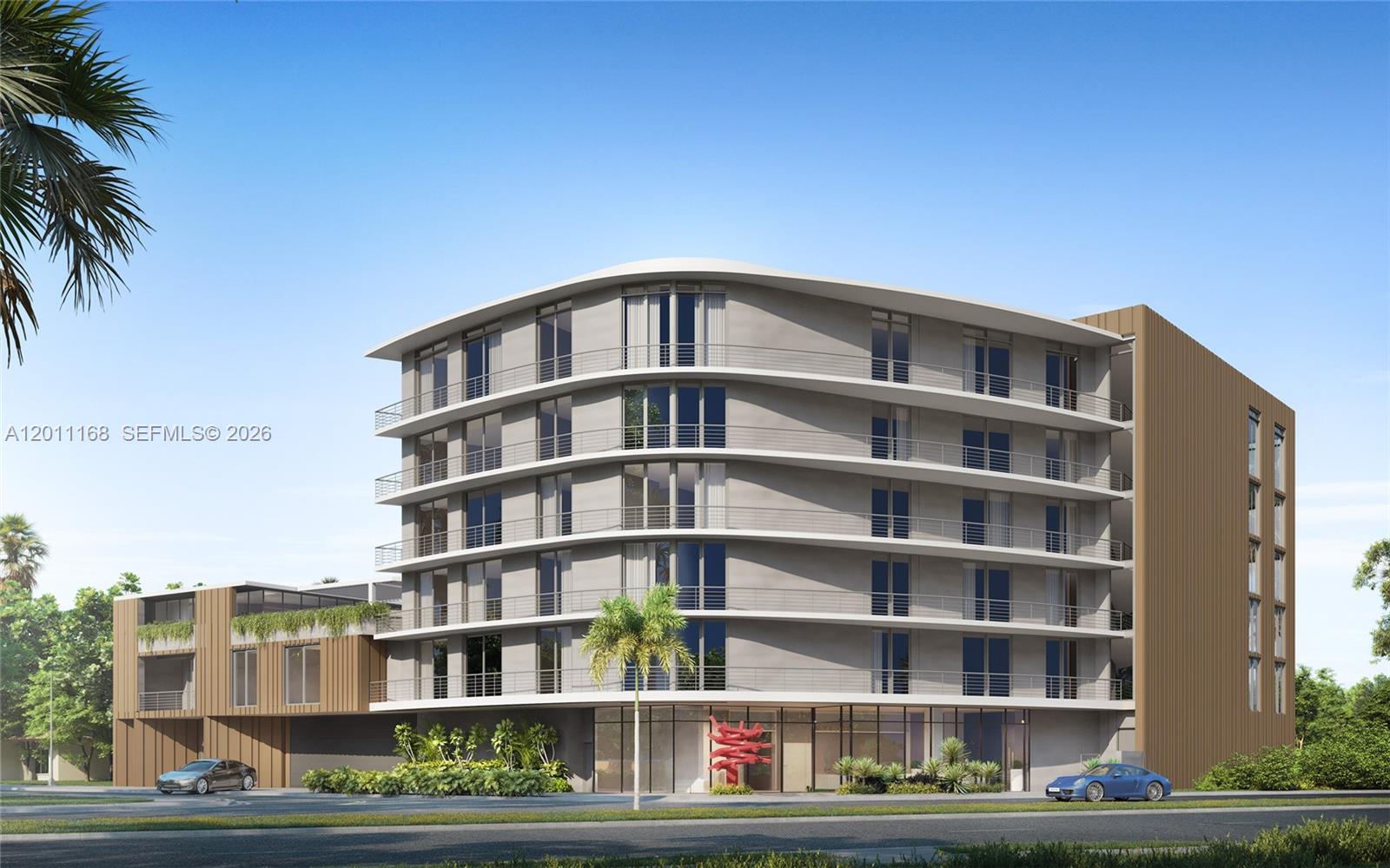 This is a digital architectural rendering of a modern multi-story residential building with balconies — 18550 NE 23rd Ct # 202, Miami FL 33180, MIAMI, FL