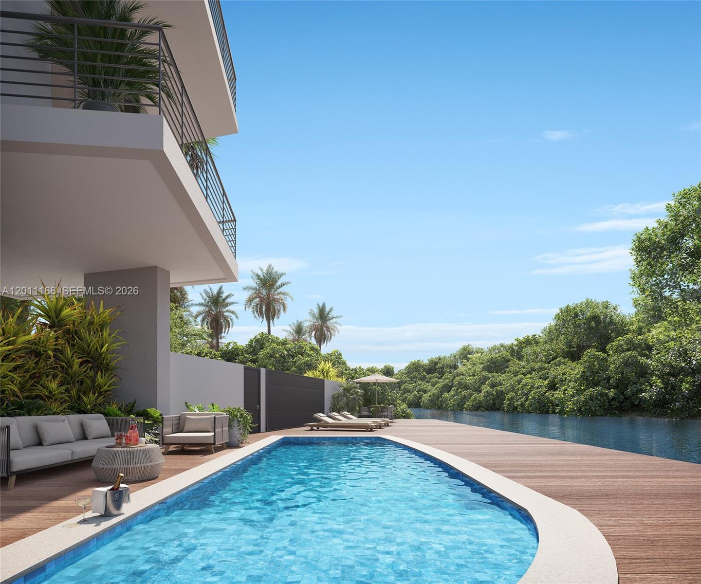 This architectural rendering shows a swimming pool on a wooden deck beside a waterway — 18550 NE 23rd Ct # 202, Miami FL 33180, MIAMI, FL
