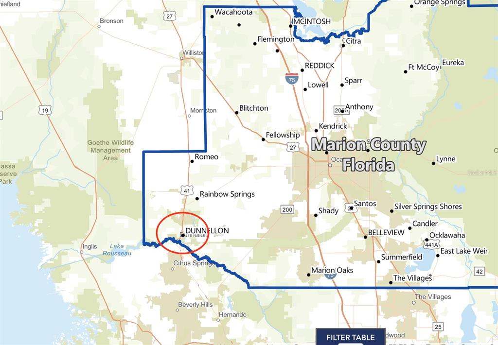 This is a map showing the boundary of Marion County, Florida, with Dunnellon circled — TBD SW 88TH, DUNNELLON, FL