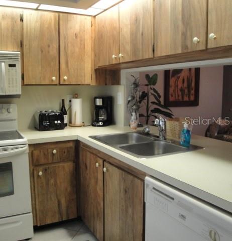 A kitchen features wood-grain cabinets, white appliances, a double-basin sink, and a pass-through window — 6365 BAHIA DEL MAR BOULEVARD UNIT 113, ST PETERSBURG, FL