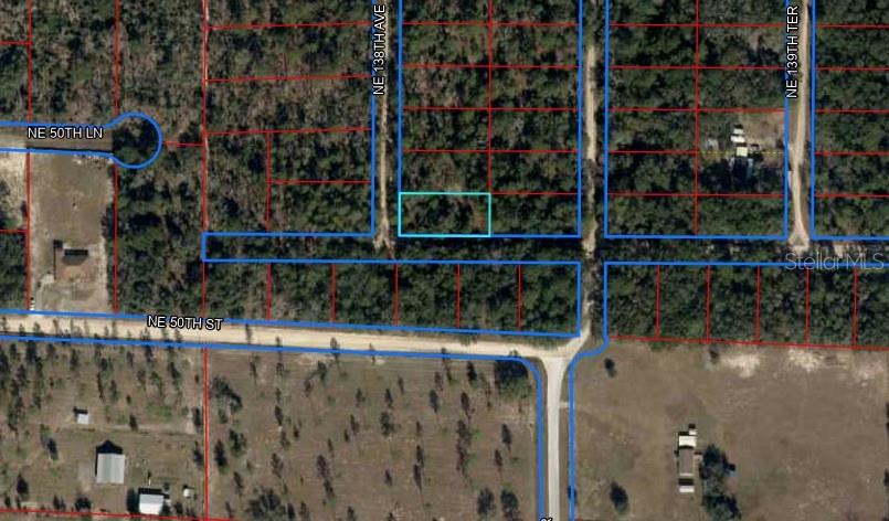 This aerial map shows a vacant, wooded rectangular lot outlined in blue — TBD NE 138TH AVENUE, WILLISTON, FL