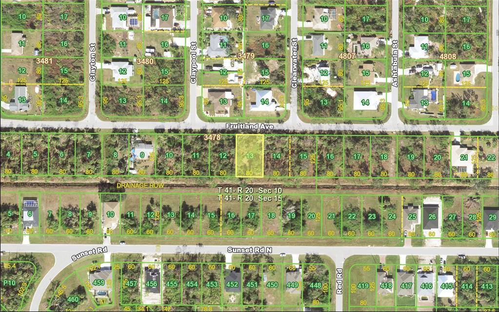 This is a satellite map showing residential lots, streets, and property boundaries — 9113 FRUITLAND AVENUE, ENGLEWOOD, FL