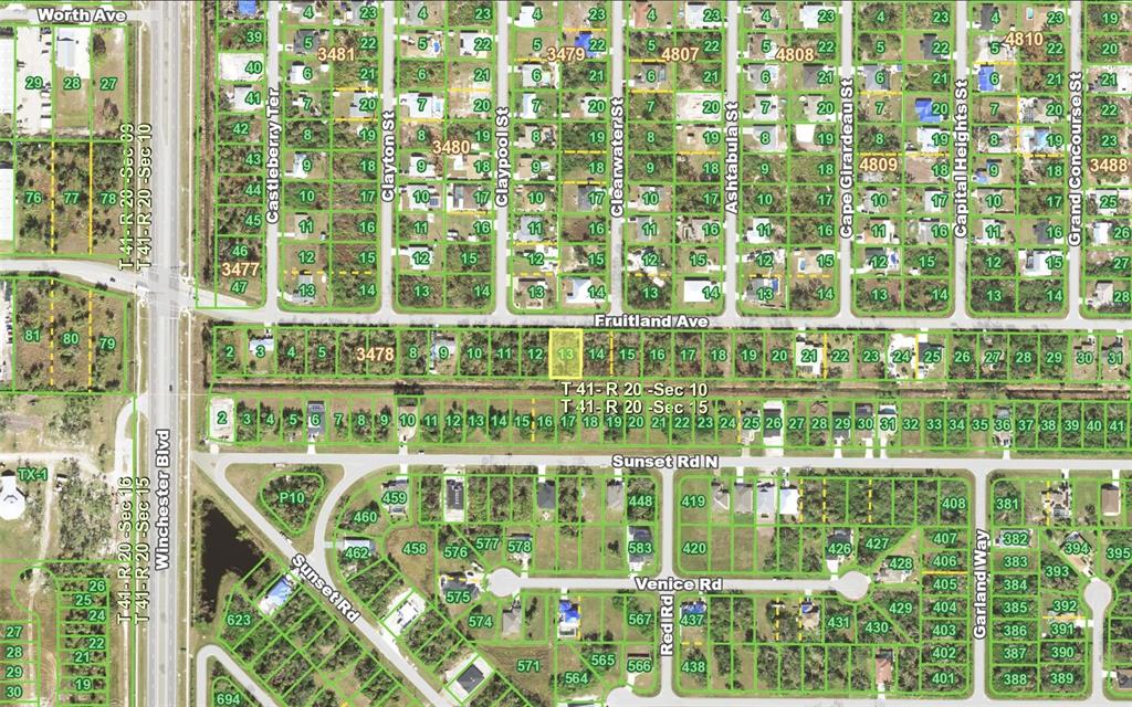 This is a satellite map showing residential lots and street layouts in a suburban neighborhood — 9113 FRUITLAND AVENUE, ENGLEWOOD, FL
