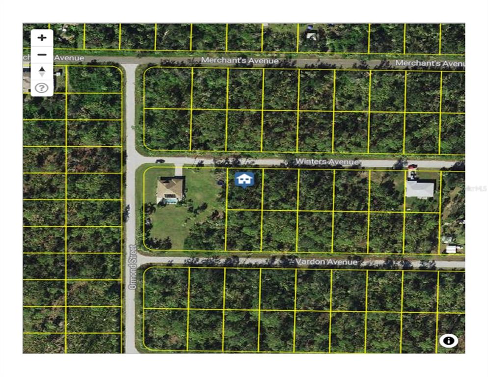 This is a satellite map view showing residential lots, streets, and a single house — 18179 WINTERS AVENUE, PORT CHARLOTTE, FL