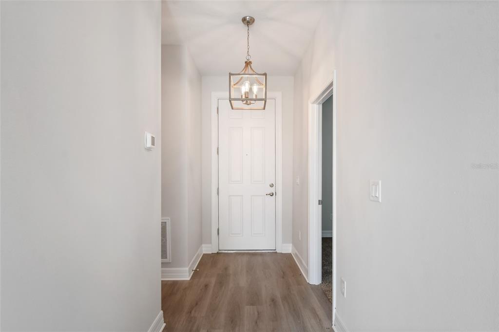 A hallway with light wood-look flooring, a white door, and a hanging lantern-style light fixture — 407 W HARVARD STREET, INVERNESS, FL