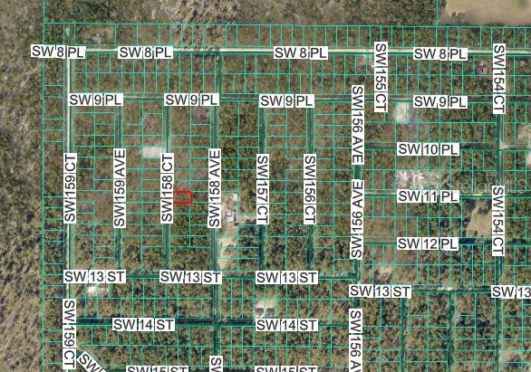 This is an aerial map showing a grid of residential lots and streets — SW 158 COURT, OCALA, FL
