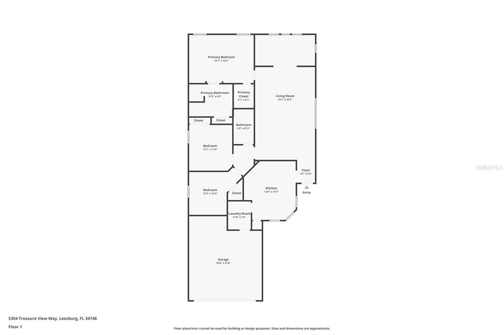This is a floor plan showing the layout of a single-story residential home — 5304 TREASURE VIEW WAY, LEESBURG, FL