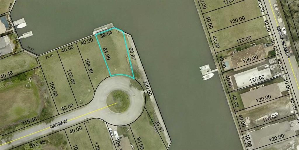 This is an aerial map showing a vacant waterfront lot at the end of a cul-de-sac — 12 CUTTER COURT, PALM COAST, FL