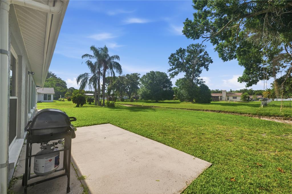 A concrete patio with a grill sits beside a house overlooking a large grassy yard — 9342 CAPE CHARLES AVENUE, NEW PORT RICHEY, FL