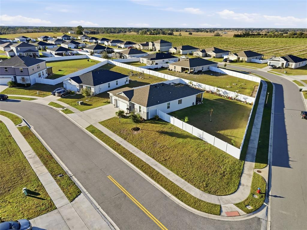 An aerial view shows a suburban neighborhood with single-family homes and fenced-in backyards — 2201 GLADIOLUS LN LANE, MASCOTTE, FL