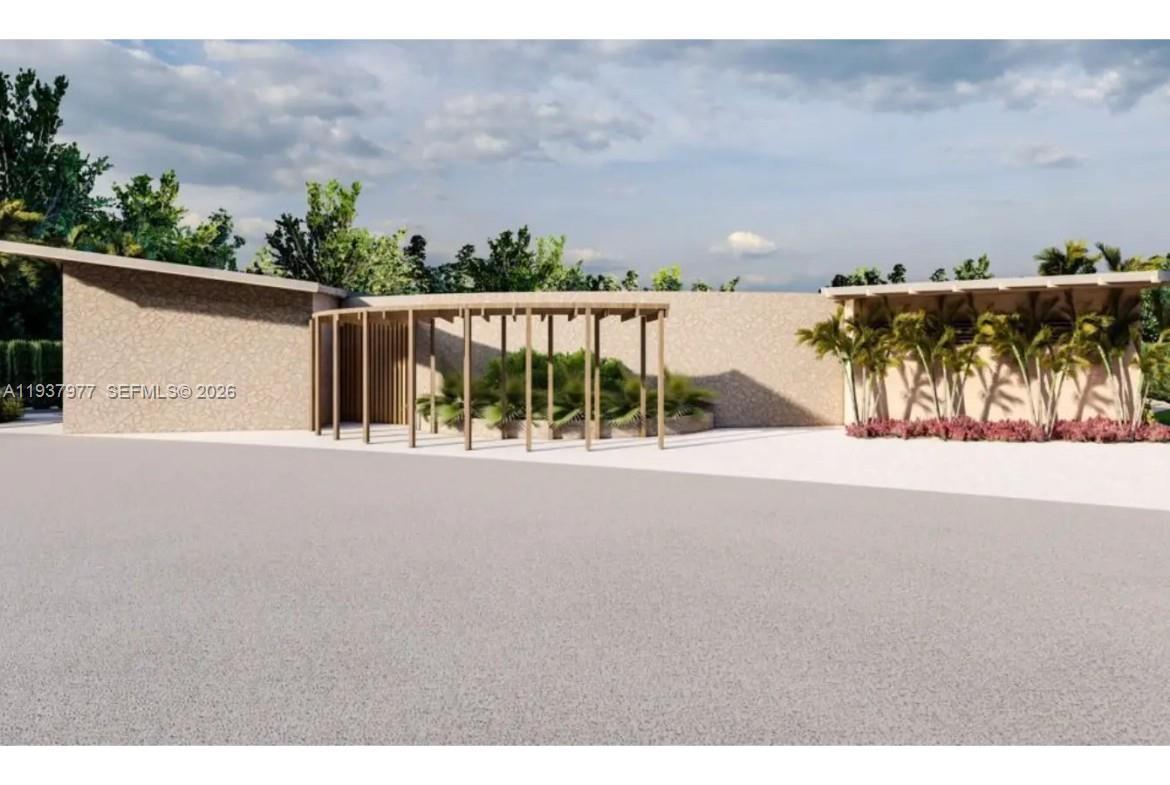 This is a rendering of a modern exterior with a pergola and stone walls — Alta Vista l Villa PUNTA CANA, FL, FL