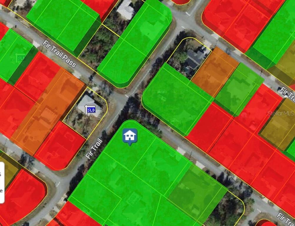 This map shows a residential neighborhood with color-coded property boundaries overlaid on an aerial view — 0000 FIR TRAIL PASS, OCALA, FL
