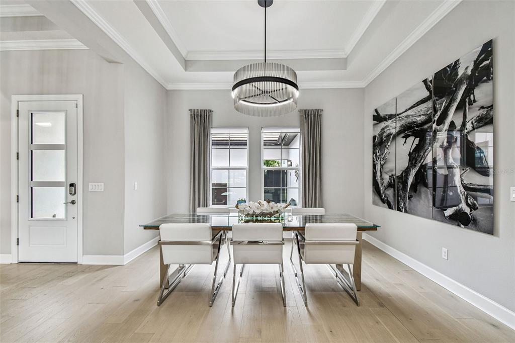 A dining room features a glass-topped table, white chairs, a modern chandelier, and wall art — 4054 ROCKY SHORES DRIVE, TAMPA, FL