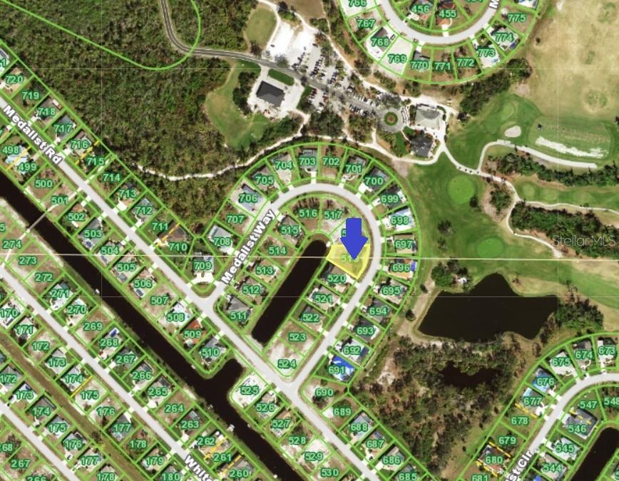 This is a map showing a residential neighborhood with a blue arrow pointing to a lot — 11 MEDALIST WAY, ROTONDA WEST, FL