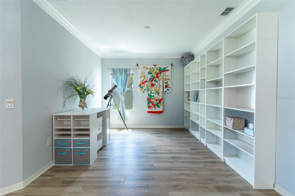 A room with light blue walls, wood-look flooring, built-in white shelving, and a hanging kimono — 3749 FIELDSTONE CIRCLE, WINTER HAVEN, FL