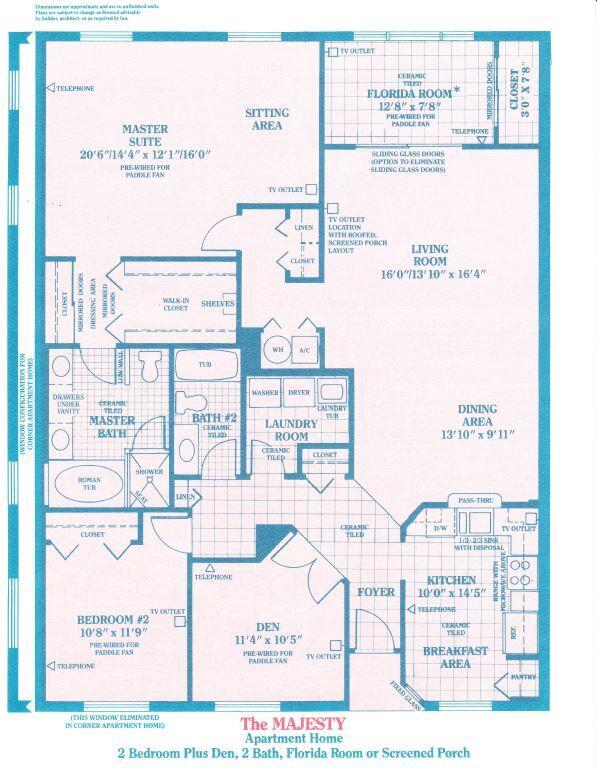 This is a floor plan for a two-bedroom apartment with a den and Florida room — 5874 Crystal Shores Drive # 304, Boynton Beach FL 33437, BOYNTON BEACH, FL