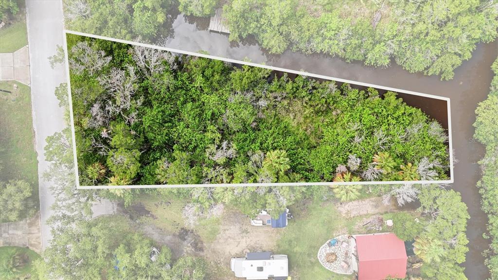 An aerial view shows a wooded, trapezoidal lot bordered by a road and a waterway — 1550 S WALLACE POINT, CRYSTAL RIVER, FL