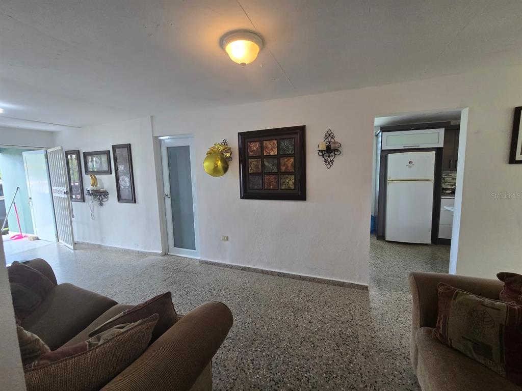 A living room with terrazzo floors, white walls, a ceiling light, and a kitchen doorway — SR 182 Km. 15.6 BO GUAYABOTAS, YABUCOA, PR