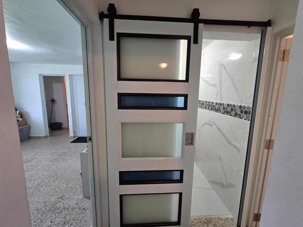 A white sliding barn door with frosted glass panels opens into a tiled bathroom — SR 182 Km. 15.6 BO GUAYABOTAS, YABUCOA, PR