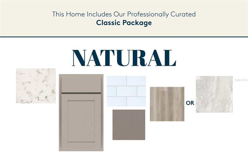 This image displays a design board for a home interior package featuring neutral-toned finishes — 36737 KISTNA DRIVE, ZEPHYRHILLS, FL