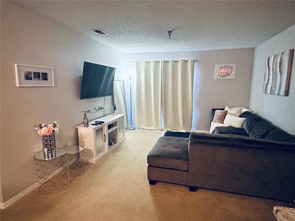 A living room features a gray sectional sofa, a wall-mounted television, and beige carpet — 10265 GANDY BOULEVARD N UNIT 1603, ST PETERSBURG, FL