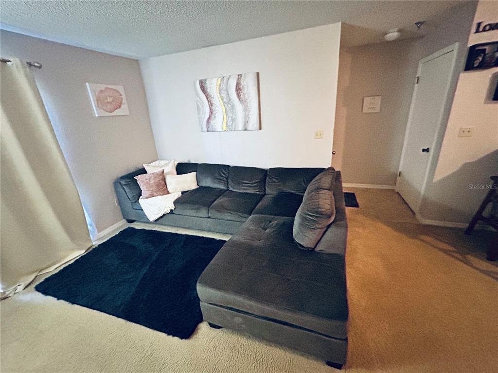 A living room features a dark gray sectional sofa, a black rug, and wall art — 10265 GANDY BOULEVARD N UNIT 1603, ST PETERSBURG, FL