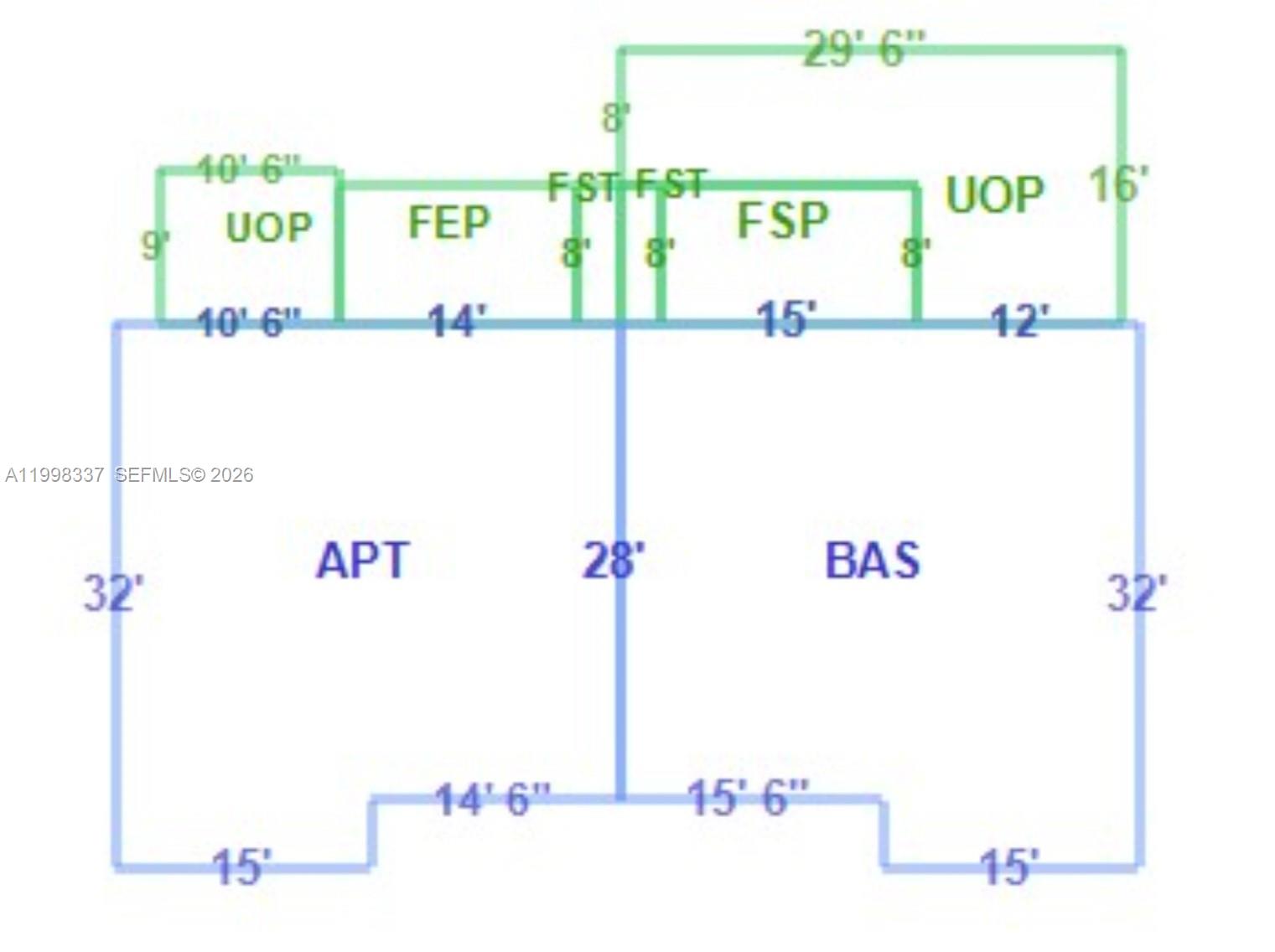 This is a floor plan diagram showing the layout and dimensions of a building structure — 712 SE 8th St, Cape Coral FL 33990, CAPE CORAL, FL