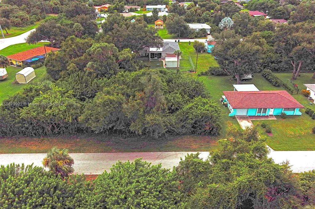 An aerial view shows a residential lot with dense trees and a turquoise house — 145 LOFTIN STREET, PORT CHARLOTTE, FL