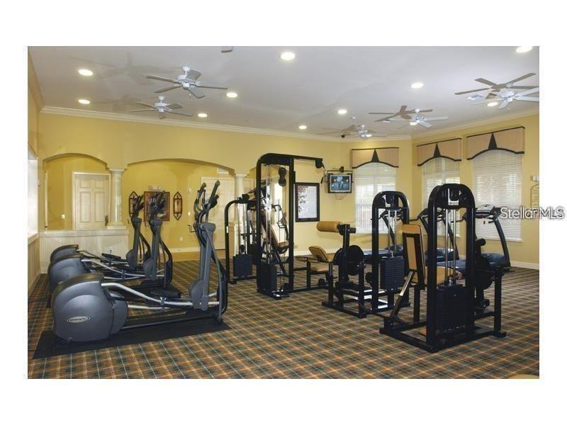 A fitness center features multiple elliptical machines, weight training equipment, and plaid carpeting — 10019 COURTNEY PALMS BOULEVARD UNIT 303, TAMPA, FL