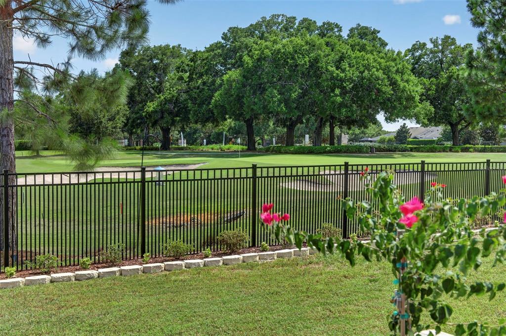 A black metal fence separates a grassy backyard from a golf course with large trees — 5448 NW 35TH LANE ROAD, OCALA, FL