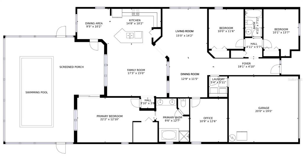 This is a floor plan of a house featuring a swimming pool and screened porch — 15825 DURANGO CIRCLE, BROOKSVILLE, FL