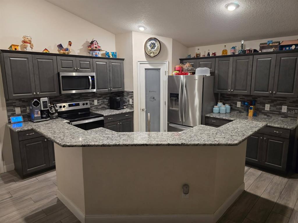 A kitchen features gray cabinets, granite countertops, stainless steel appliances, and a central peninsula — 854 FISHER ROAD, OCKLAWAHA, FL