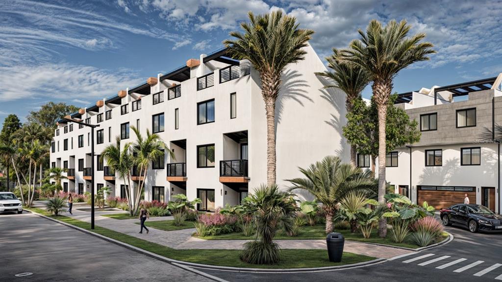 This is a rendering of a modern white multi-story townhouse complex with palm trees — 10775 RODEO DRIVE UNIT Model, LAKEWOOD RANCH, FL