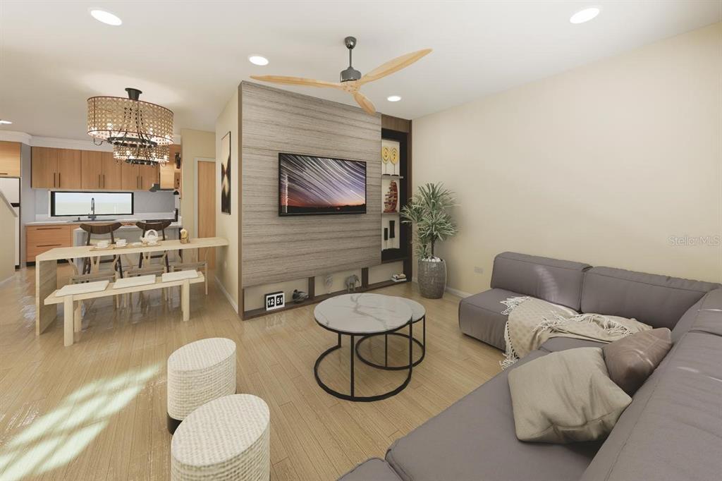 This is a rendering of a modern living room and kitchen with light wood flooring — 10775 RODEO DRIVE UNIT Model, LAKEWOOD RANCH, FL