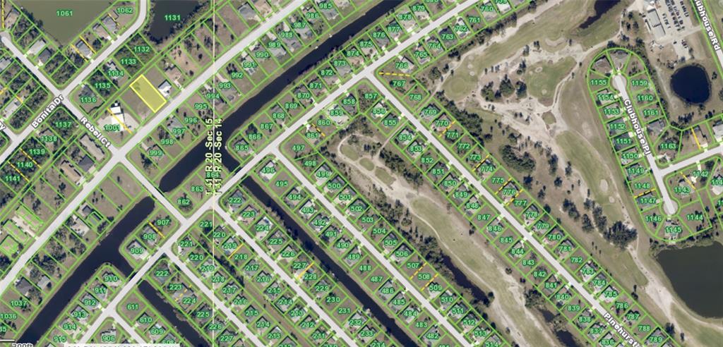 This is an aerial map showing residential lots, streets, and a golf course — 407 BOUNDARY BOULEVARD, ROTONDA WEST, FL