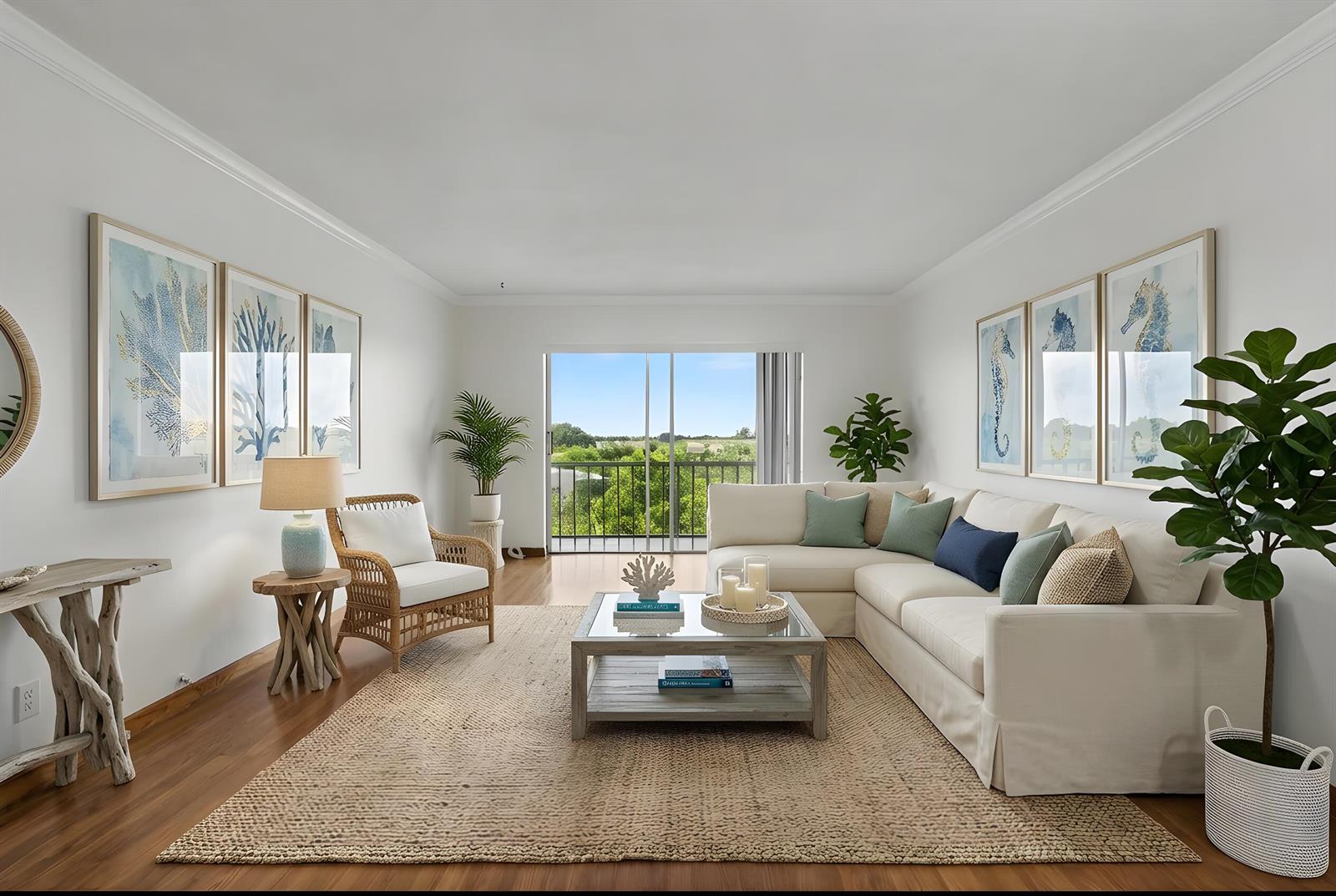 A bright living room features a sectional sofa, rattan chair, and a balcony with greenery — 950 Hillcrest Drive # 514, Hollywood FL 33021, HOLLYWOOD, FL
