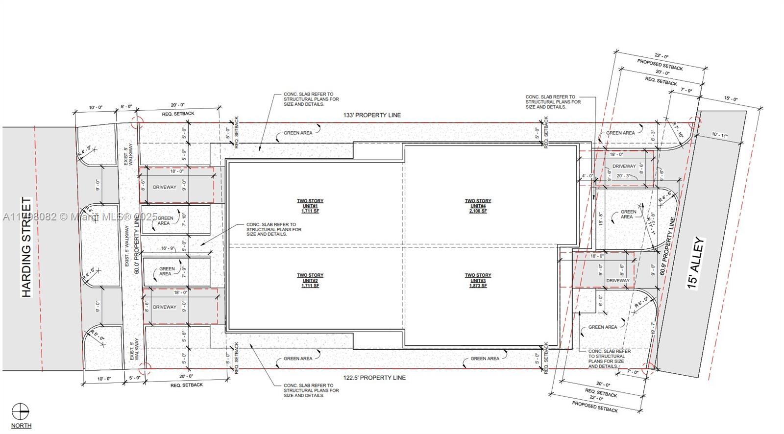 This is a site plan rendering showing the layout of four residential units and driveways — 1917 Harding St, Hollywood FL 33020, HOLLYWOOD, FL