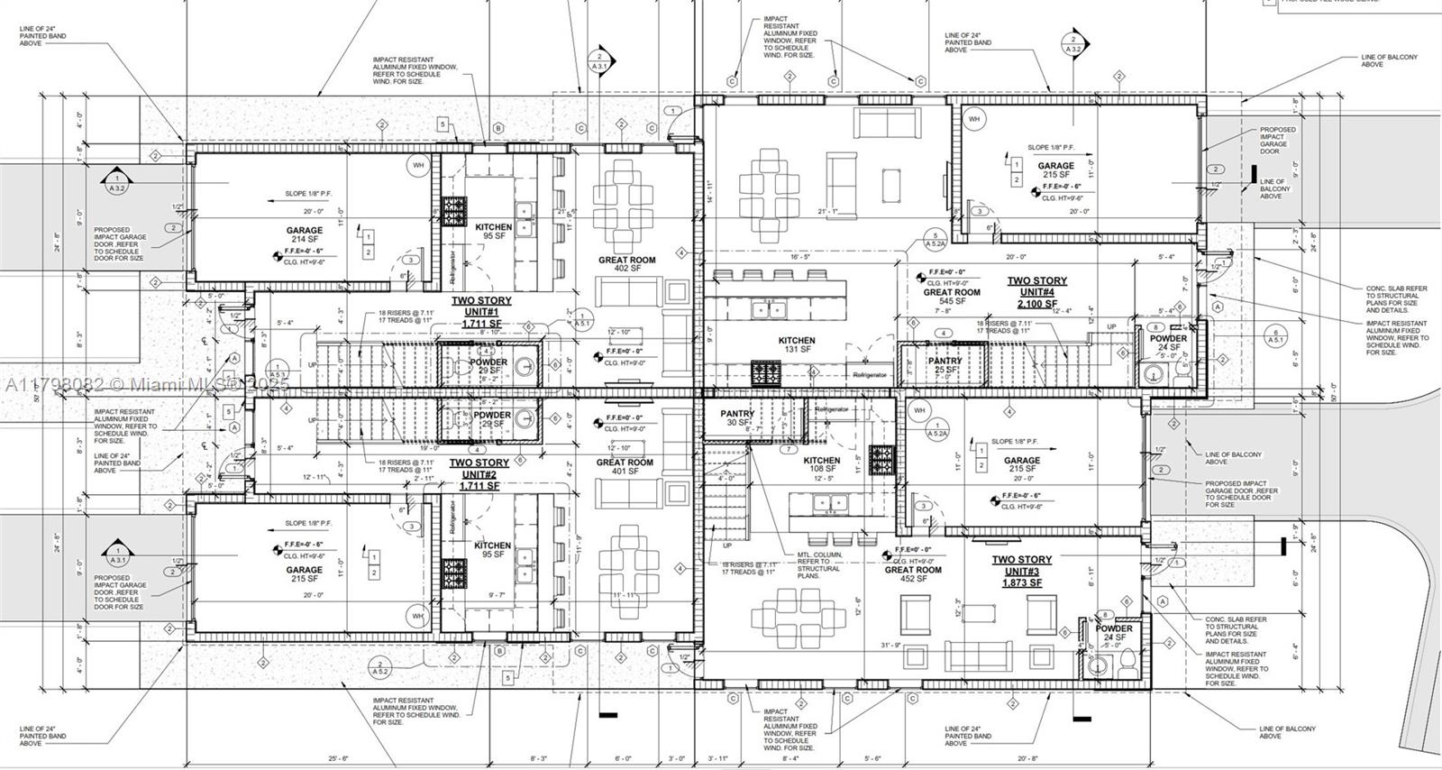 This is a floor plan showing the layout of four two-story residential units with garages — 1917 Harding St, Hollywood FL 33020, HOLLYWOOD, FL