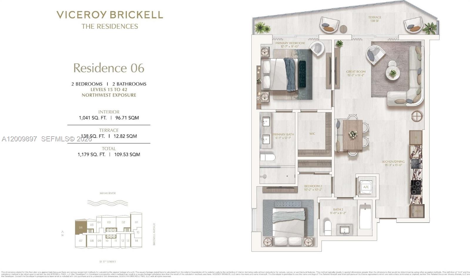 This floor plan shows a two-bedroom, two-bathroom residence with a terrace and open living area — 77 SE 5 ST # 1806, Miami FL 33131, MIAMI, FL