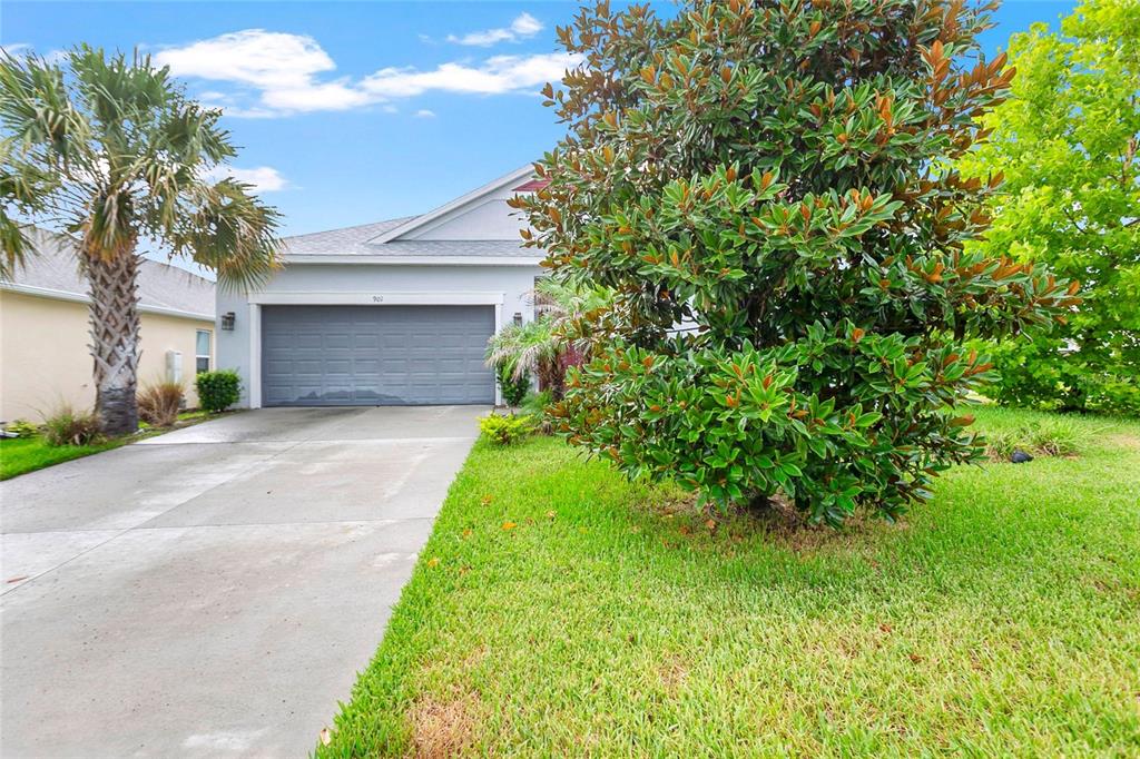A single-story house with a gray garage door, a concrete driveway, and a large tree — 901 SABAL BREEZE LANE, APOPKA, FL