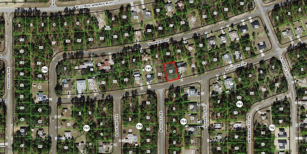 This is an aerial map showing residential lots and streets in a suburban neighborhood — 2065 W TACOMA DRIVE, CITRUS SPRINGS, FL