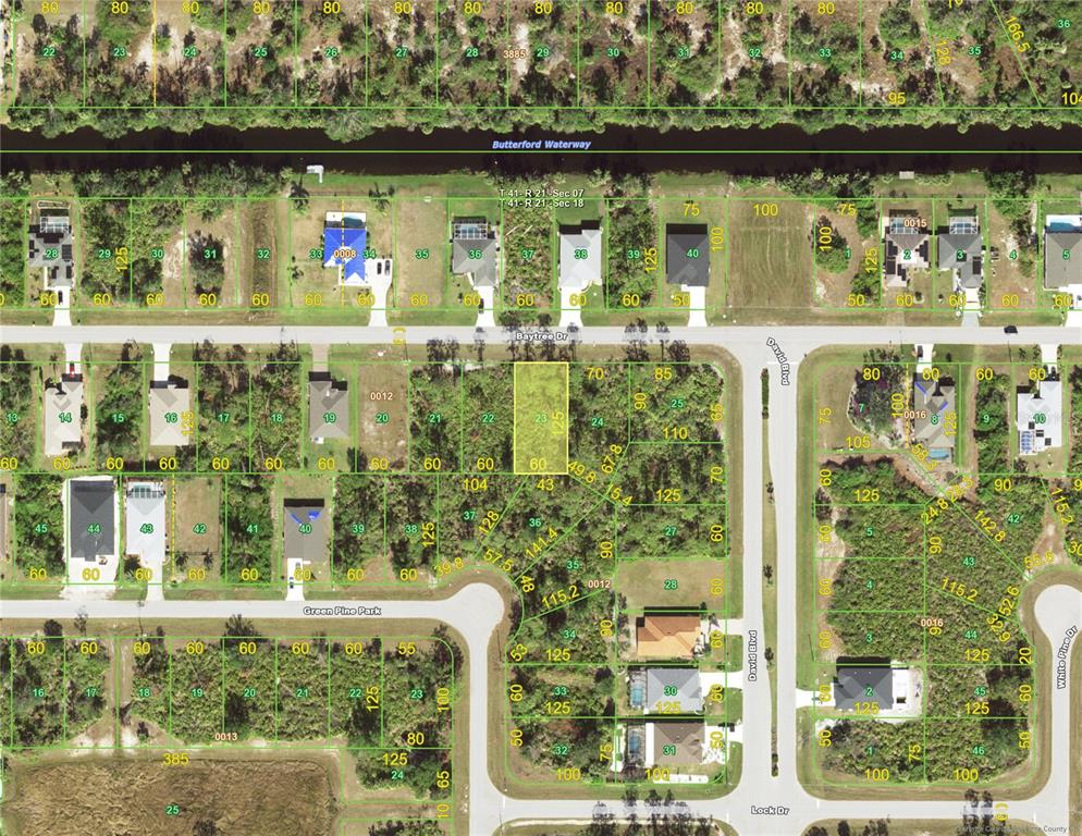This is a satellite map view showing residential lots, streets, and a waterway — 175 BAYTREE DRIVE, ROTONDA WEST, FL