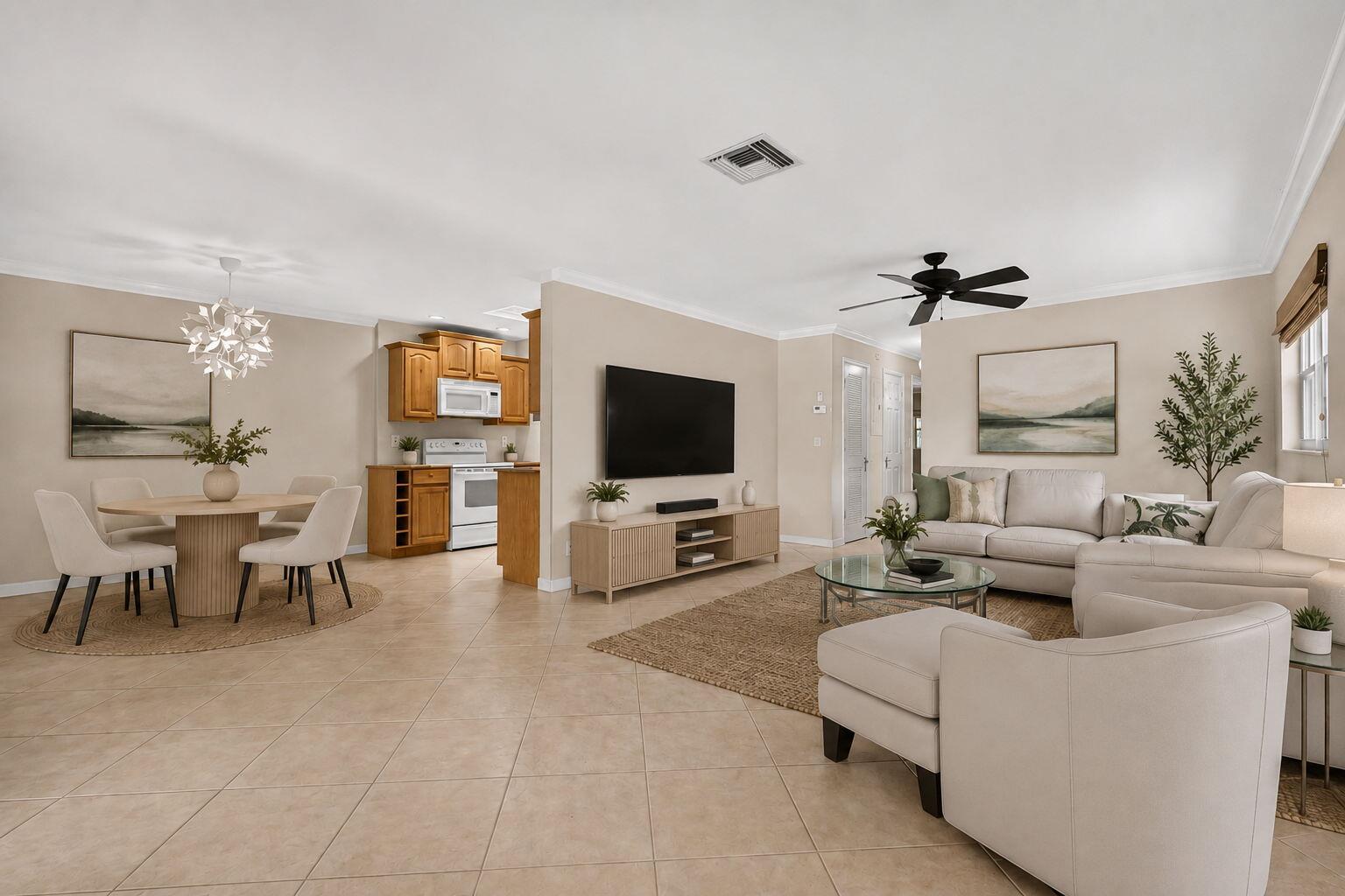 An open-concept living and dining area features tile flooring, neutral walls, and wooden cabinetry — 3358 Christopher Street, West Palm Beach FL 33417, WEST PALM BEACH, FL