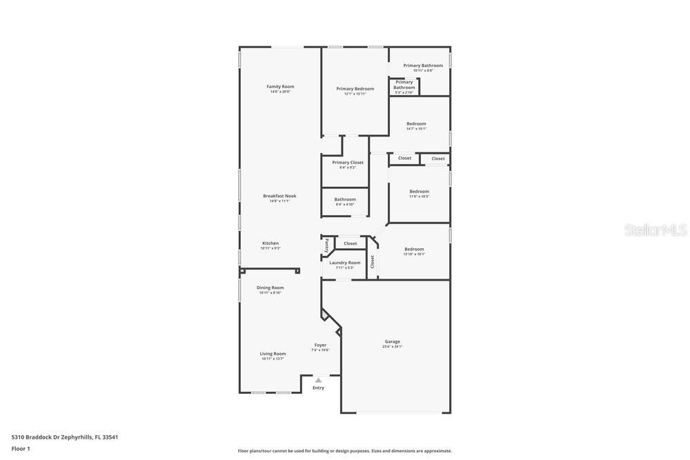 This is a floor plan for a single-story house with four bedrooms and a garage — 5310 BRADDOCK DRIVE, ZEPHYRHILLS, FL